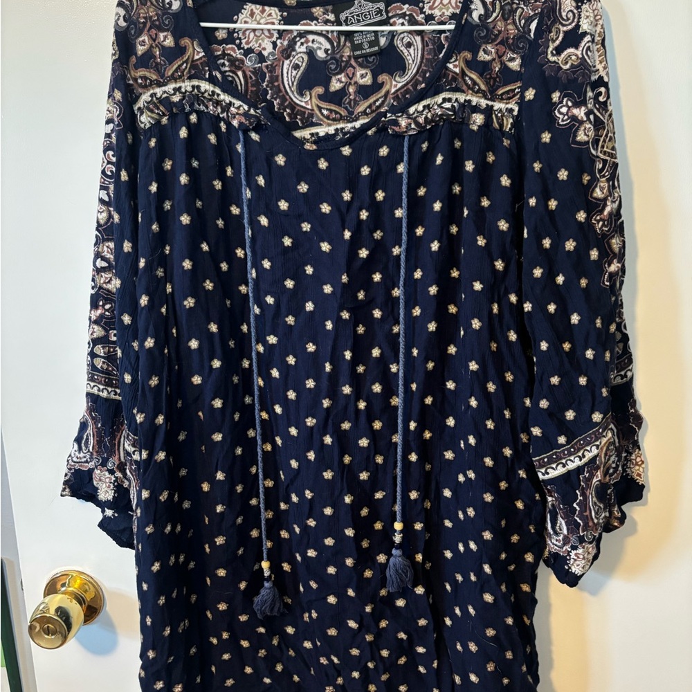 Angie Navy Paisley Boho Tie-Front Tunic Dress Bohemian Style Size Medium